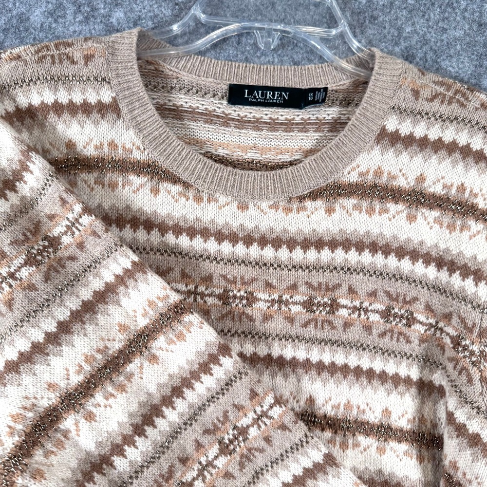 Ralph Lauren Wool Blend Fair Isle Chunky Sweater Womens 1X Brown Crewneck Cabin